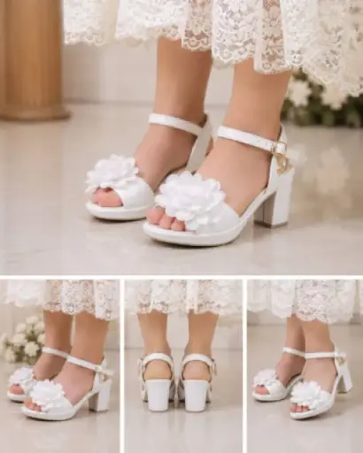 girls-white-floral-high-heels-27-36 کفش دخترانه مجلسی پاشنه بلند از نما جلو کفش